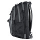 A black and grey backpack with multiple zippered compartments and padded straps, featuring a logo.