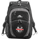 A black and grey backpack featuring multiple compartments and a logo on the front.