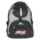 A grey and black computer backpack featuring multiple compartments and a branding logo. It includes mesh side pockets.