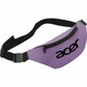 A purple fanny pack with a black logo, featuring a zippered compartment and an adjustable strap.