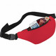 A red bum bag with a zippered pocket containing a phone and snack bars, featuring an adjustable black strap.