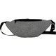 A grey hipster fanny pack with a black zipper and strap, featuring a logo on the front.