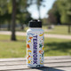 A drink bottle featuring a white body with colourful abstract designs and a black lid. It has a logo.