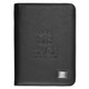 A5 zippered compendium in black leather with a logo and metal badge on the front.