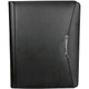 A black imitation leather A4 zippered compendium featuring a sleek design and a branding logo.