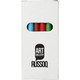 A box containing six coloured pencils in blue, red, green, and other shades, with branding on the packaging.