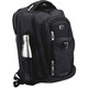 A black laptop backpack with multiple compartments, featuring a side pocket for a drink bottle. It has a logo on the front.
