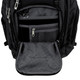 A black laptop backpack with multiple pockets and a large front compartment. It has a branded logo.