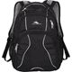 A black High Sierra Swerve 17" backpack featuring multiple compartments and a logo. Mesh details enhance its design.