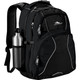 A black backpack with multiple compartments, featuring a drink bottle holder and a logo.