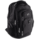 A black laptop backpack with multiple pockets and zippers, featuring a logo on the front.
