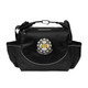 A black cooler bag with multiple compartments and a logo on the front. It features adjustable straps for carrying.