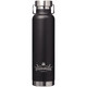 A drink bottle in matte black with a stainless steel screw-top lid and a logo on the front.