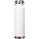 A drink bottle in white with a stainless steel lid and base, featuring a logo. 