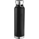 A drink bottle with a sleek black body and silver accents, featuring a cap and a loop attachment.
