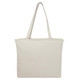 A light beige tote bag with two shoulder straps and a zip closure, featuring a logo.