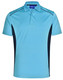 A light blue polo shirt with dark navy accents and a branded logo on the collar.
