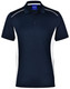 A navy blue polo shirt with white contrast panels and a collar, featuring a logo on the chest.