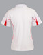 A white polo shirt with red accents and a logo, featuring a short sleeve and a classic collar design.