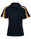 A black short sleeve polo shirt with orange side panels and a logo on the collar.