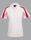 A white polo shirt with red accents and a logo, featuring short sleeves and a classic collar.