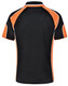 A black polo shirt with orange accents and a logo on the back. Features short sleeves and a collar.