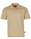 A beige short-sleeved polo shirt with a collar and a logo on the sleeve.