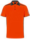 An orange polo shirt featuring black accents and reflective stripes, complete with a chest pocket and logo.