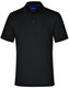A black polo shirt with a buttoned collar and short sleeves, featuring a logo on the chest.