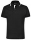 A black unisex polo shirt with contrasting white stripes on the collar and sleeves, featuring a logo on the front.