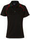 A black polo shirt with red detailing, featuring a collar and short sleeves, and includes a logo.