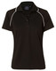 A black ladies polo shirt with white piping, featuring a collar and short sleeves, along with a branding logo.