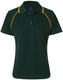 A dark green polo shirt with yellow accents and a collar, featuring a branding logo.