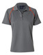 A grey ladies polo shirt featuring a collar and orange piping, with a logo on the chest.