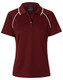 A maroon ladies polo shirt featuring a white trim and a small logo on the chest. Short sleeves and a classic collar.