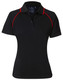 A black ladies' polo shirt with red accent stitching and a collar, featuring a logo on the front.