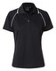 A black polo shirt featuring white piping, short sleeves, and a collar. It has a logo on the chest area.