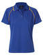 A blue polo shirt with orange piping and a collar, featuring a small logo on the neckline.