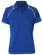 A blue polo shirt for ladies featuring a collar and contrasting white piping. Includes a logo on the label.