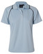 A light blue ladies polo shirt featuring black piping and a collar. It has a logo on the upper part.