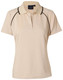 A cream ladies' polo shirt with a black trim, featuring a collar and short sleeves. Includes a branding logo.