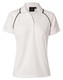 A white ladies' polo shirt with black accents, featuring a collar and a brand logo.
