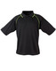 A black polo shirt with contrasting green accents, featuring a collar and short sleeves. It has a logo on the chest. A black polo shirt with contrasting green accents, featuring a collar and short sleeves. It has a logo on the chest.