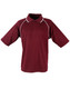 A maroon polo shirt featuring a collar, short sleeves, and white piping, complete with a logo. A maroon polo shirt featuring a collar, short sleeves, and white piping, complete with a logo.