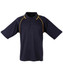 A navy blue polo shirt with yellow accents and a collar, featuring a logo on the chest area. A navy blue polo shirt with yellow accents and a collar, featuring a logo on the chest area.