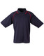 A navy polo shirt with red accents, featuring a collar and short sleeves, branded with a logo. A navy polo shirt with red accents, featuring a collar and short sleeves, branded with a logo.