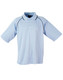 A light blue men's polo shirt featuring short sleeves and contrasting detailing, with a logo on the front. A light blue men's polo shirt featuring short sleeves and contrasting detailing, with a logo on the front.
