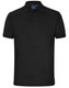 A black polo shirt with a collared neck and buttoned placket, featuring a small logo on the upper side.