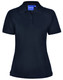 A black ladies' polo shirt with a classic collar and short sleeves, featuring a branded label. A black ladies' polo shirt with a classic collar and short sleeves, featuring a branded label.