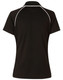 A black polo shirt featuring white accents and a logo on the back. Suitable for kids.
